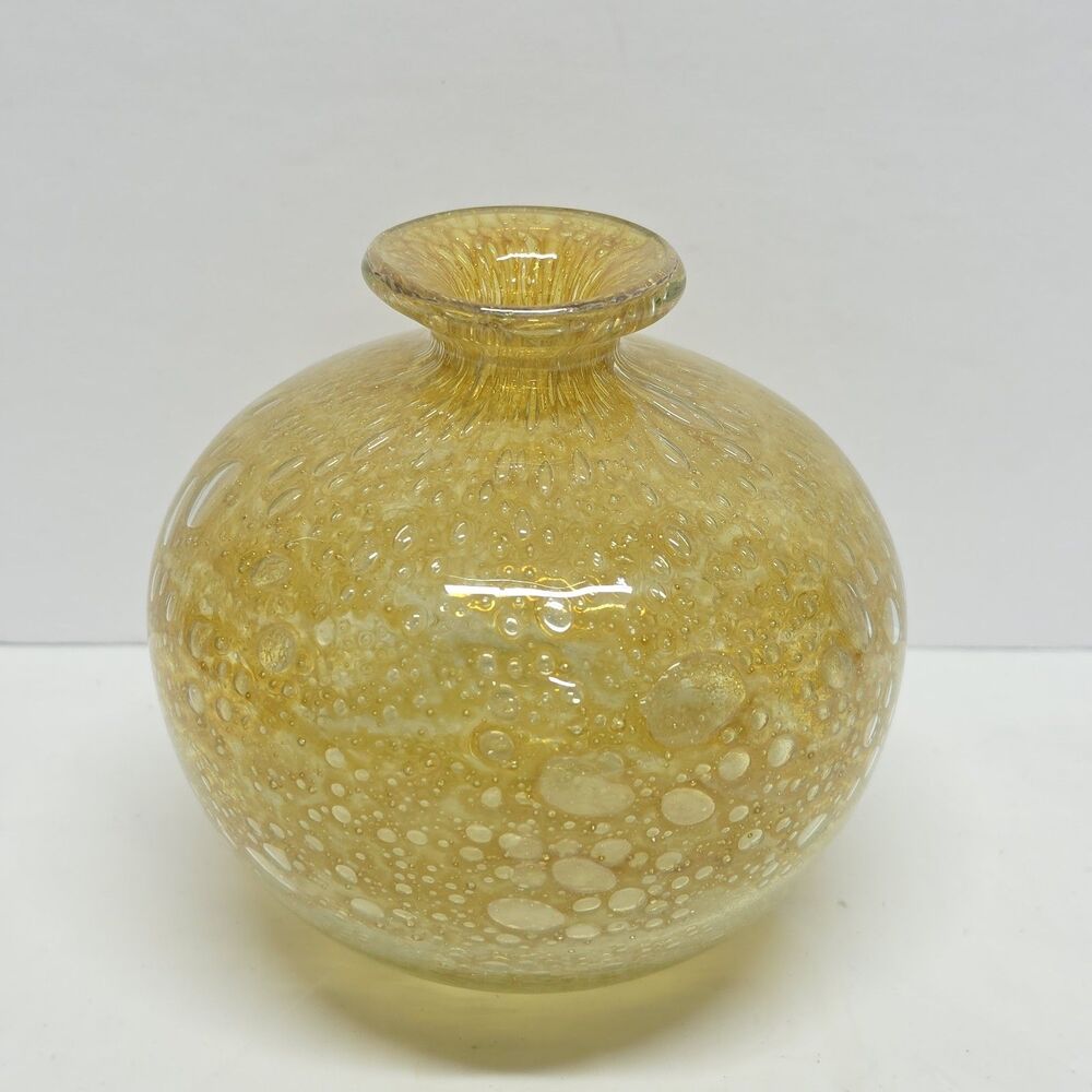 Vintage 70s MDINA Bubble Glass Globe Vase Yellow Ochre By Michael Harris Malta